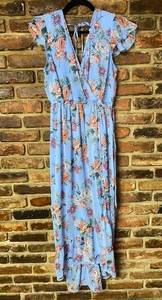 Band of Gypsies Blue Floral Flutter Sleeve Tie Back High Low Maxi Dress Large