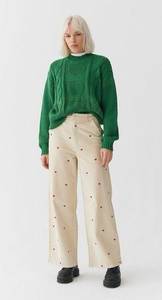 Lazy Oaf Little Heart Embroidered Cord Corduroy Wide Leg Trousers Pants 28