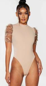 Pretty Little Thing Nude Crepe High Neck Snakeskin Organza Puff Sleeve Bodysuit