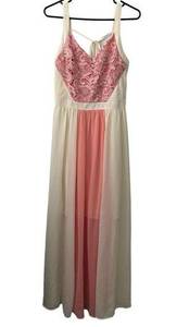 Marineblu Dress Large Maxi Chiffon Pink Cream Lace Sparkles Open Back Polyester