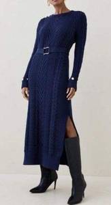 Karen Millen Blue Military Cable Knit Column Midi Sweater Dress Size Small