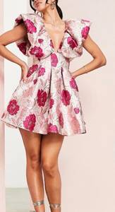 ASOS LUXE floral jacquard bubble plunge dress in pink floral