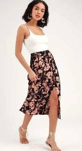 Free People Retro Love Black Floral Print Button Front Midi Skirt