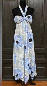 Blue Flowers tea length sleeveless with open back dress Size S