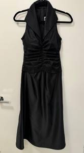 Vintage  1990s Black Satin Ruched Tuxedo Collared Style Midi Dress Size 4