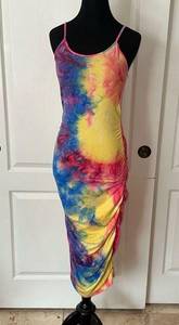 Heart & Hips RAINBOW TIE DYE RUCHED MIDI CAMI SUMMER DRESS