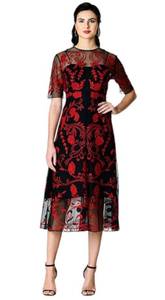 ESHAKTI Floral Embellished black/red midi cocktail party dress med. 8 EUC