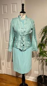 Yansi Fugel & Rafael Matching Set Dress Suit Mint Cover Blazer Shiny Tie Ruffle Pencil Fit Bodice Work Party