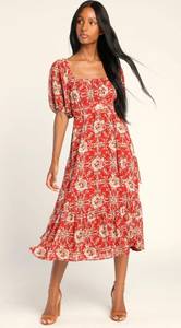 Rust Red Floral Midi Dress