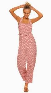 Candie's Smocked Sleeveless Polka Dot Halter Tie Jumpsuit Large Pink White New