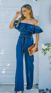 VICI Wilinda Off the Shoulder Denim Jumpsuit Indigo Small S