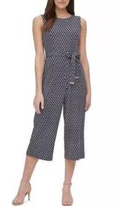 Tommy Hilfiger Rope-Print Belted crop sleevless navy & white Jumpsuit size 8