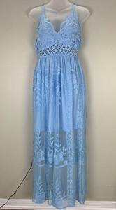 Embroidery Floral Mesh Overlay Lace detail Maxi Dress Blue size Medium
