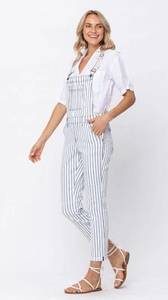 Judy Blue Striped Boyfriend Overalls Womens Plus Size XL in White/Blue
