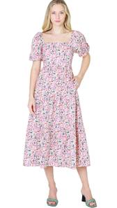 Priscila Poplin Puff Sleeve Square Neck Tiered Floral Midi Dress