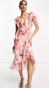 Chiffon Pink Soft Floral Midi Wrap Dress with Ruffles