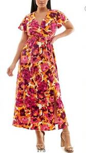 Nina Leonard Flutter SleeveMaxi Dress vibrant floral V-neck slit 2X & bonus item