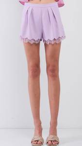 Lavender Scalloped Lace Trim High Waisted Shorts Medium