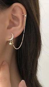 Boutique Boho Golden Crescent Moon and Stars Dreamer Cuff Chain Earrings Gold A0128