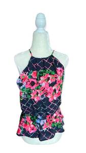 Womens Agaci Floral Windowpane High Neck Peplum Top - Sz S