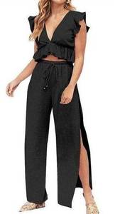 2 Pc Outfits Deep V Neck Crop Top Side Slit Drawstring Wide Leg Set L