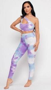 PURPLE TYE DIE FITNESS ACTIVE WEAR 2PCS SET ONE SHOULDER SPORT TOP AND LEGGINGS