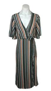 Forever 21  Green Orange Striped Faux Wrap Surplice Short Sleeve Midi Dress Sz S