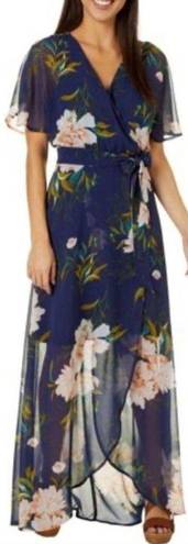 Luxology Navy Floral Print Chiffon High Low Faux Wrap Dress Size 16 New!