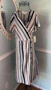 HIATUS striped short sleeve faux wrap secretary Y2K midi dress NWT s Small