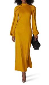 Pyer Moss Dress Womens Medium Yellow Wrap Sleeve Mock Neck Maxi Knit Cotton