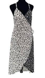 Honey Punch Women's Leopard Print Midi Wrap Dress White Black Size Medium