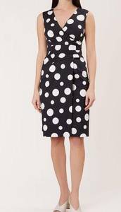 Elsa Polka Dot Faux Wrap Sheath Dress Black & Ivory