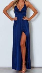 White Fox Boutique Navy Blue White Fox silk wrap maxi dress w/ slit size M