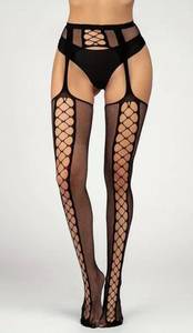 Black Sexy High Waist Mesh Suspender Pantyhose - Cut Out Fishnet Tights One Size