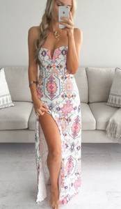 Strapless Maxi Dress White Pink Print