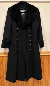 Vintage  Long Wool Coat Double Breasted Black Fur Collar Size 2