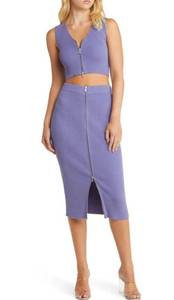 Open Edit NEW  Zip Front Rib Crop Knit Top and Midi Skirt Matching Set Purple S