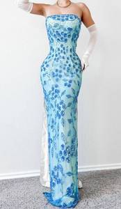 Vintage Blue Strapless Floral Beaded Silk Side Slit Maxi Bodycon Formal Cocktail Dress Size L