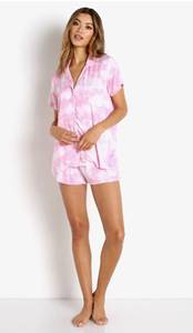 Splendid Short Sleeve Notch Collar PJ Set Pink Tie Dye