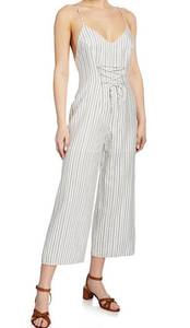 New  Lace Up Backless Jumpsuit Strappy V-Neck Wide Leg White Stripe