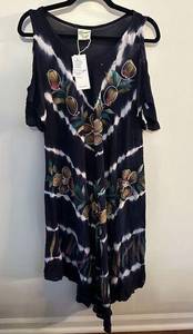 EXIST Tie Dye Swim Cover Up Sundress Cold Shoulder Rayon Navy Blue One Size NWT