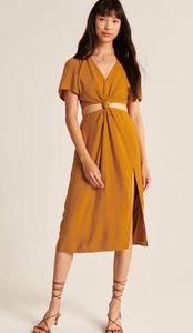 Abercrombie & Fitch  Linen Knot Front Cut Out Midi Dress Golden Petite Small