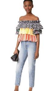 Caroline Constas Pandora Ruffle Top Off The Shoulder Stripes