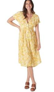 The Normal Brand Ezra Crepe Yellow Floral Deep V Button Midi Dress Size Large