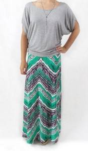 💕VERONICA M💕 Pull On Elastic Waist Maxi Skirt Green Chevron Print Medium NWOT