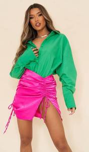 Pretty Little Thing Hot Pink Hammered Satin Ruched Detail Mini Skirt