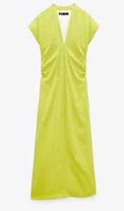 Gathered Midi Dress in Lime Green- XS