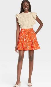 Orange and White Tropical Leaf Print Ruffled Mini Skirt