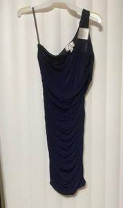 Sweet Storm off the shoulder navy rusched dress