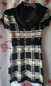 Hera U.S.A Black White Plaid Cowlneck Short Sleeve Sweater Dress Size Small